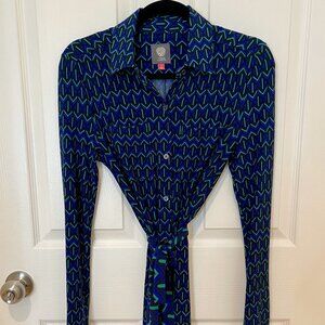 VINCE CAMUTO UNIQUE BLUE, GREEN, BLACK PATTERN MIDI DRESS